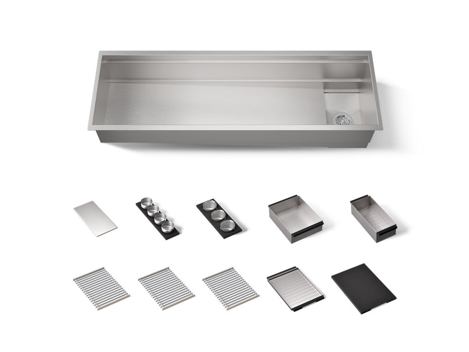 KOHLER K-37906-PAP Synthos 57-3/4" Undermount Single-bowl Workstation Kitchen Sink - angled product view