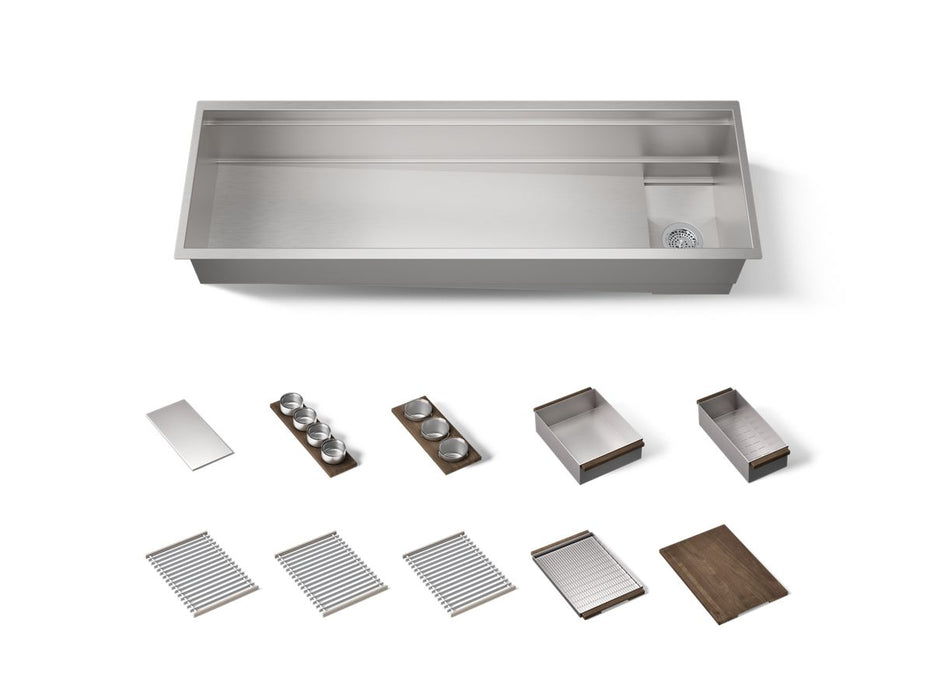 KOHLER K-37906-WAL Synthos 57-3/4" Undermount Single-bowl Workstation Kitchen Sink - angled product view