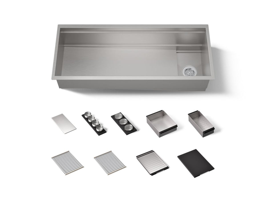 KOHLER K-37907-PAP Synthos 45-3/4" Undermount Single-bowl Workstation Kitchen Sink - angled product view