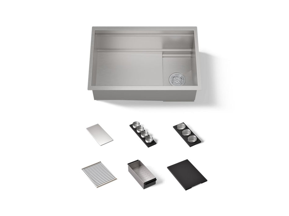KOHLER K-37911-PAP Synthos 27-3/4" Undermount Single-bowl Workstation Kitchen Sink - angled product view