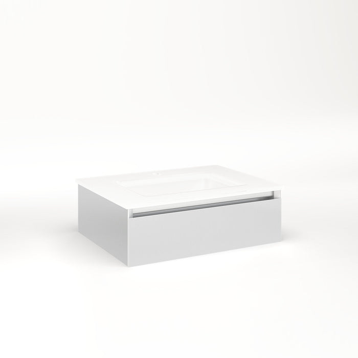 Cartesian 24-1/8" x 7-1/2" x 18-3/4" slim drawer vanity in satin white with slow-close full drawer and selectable night light in 2700K/4000K temperature (warm/cool light)
