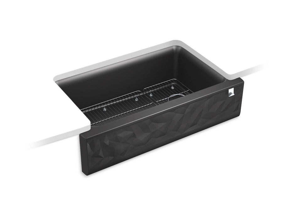 KOHLER K-29825 Cairn 34" undermount single-bowl farmhouse kitchen sink with faceted design