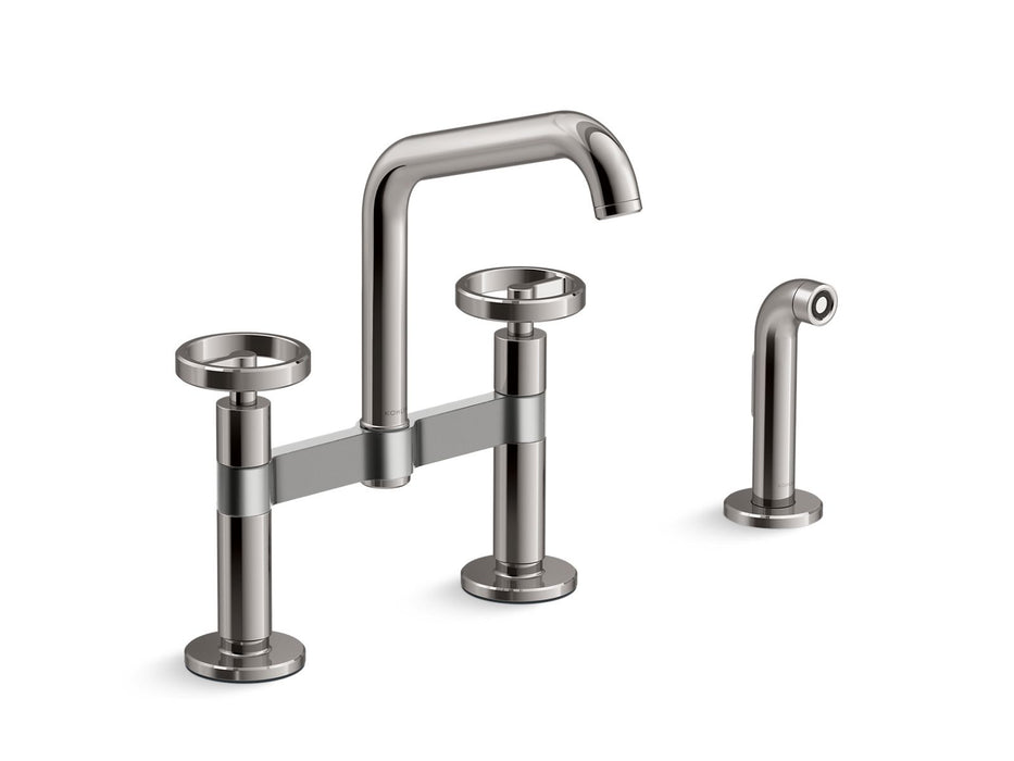 KOHLER Billet™ Two-hole bridge kitchen sink faucet with side sprayer