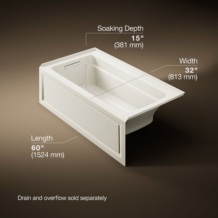KOHLER K-1122-GHLA Archer 60" x 32" alcove Heated BubbleMassage air bath, left drain, biscuit - view 5