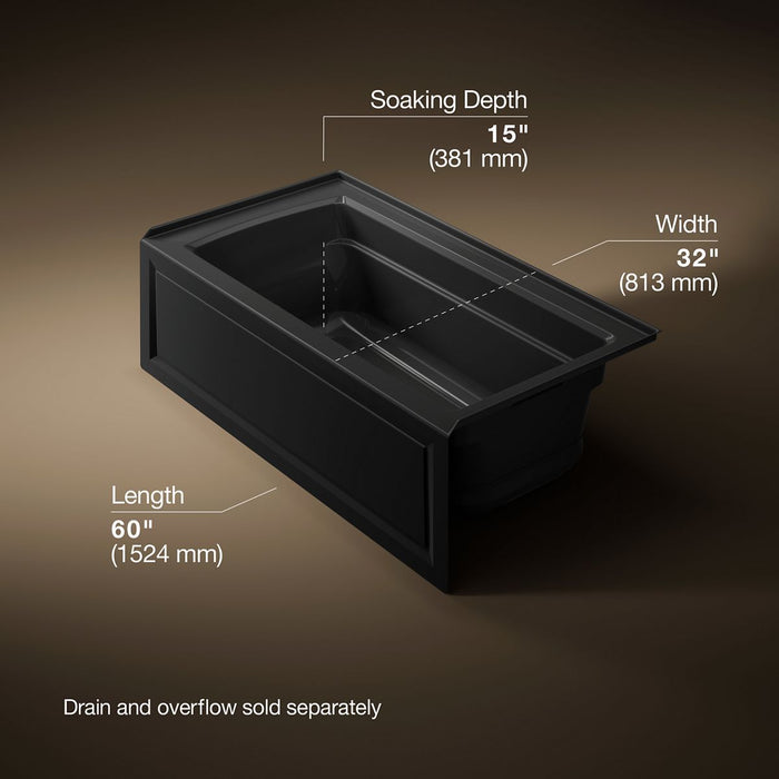 KOHLER K-1122-GHRA Archer 60" x 32" alcove Heated BubbleMassage air bath, right drain, black black - view 5