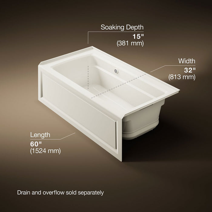 KOHLER K-1122-GHRAW Archer 60" x 32" alcove Heated BubbleMassage air bath with Bask heated surface, right drain, biscuit...