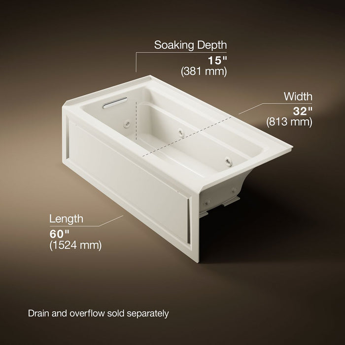 KOHLER K-1122-HL Archer 60" x 32" alcove heated whirlpool bath, left drain