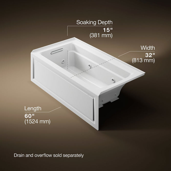 KOHLER K-1122-HL Archer 60" x 32" alcove heated whirlpool bath, left drain