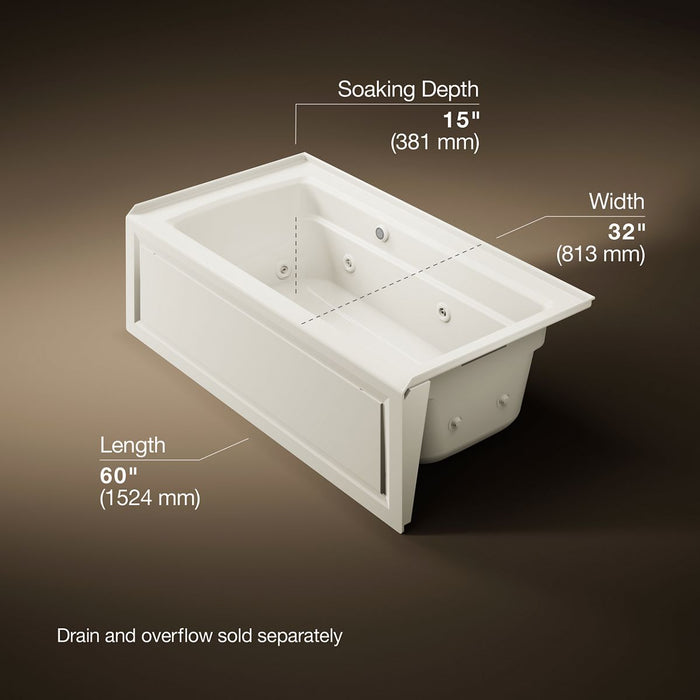 KOHLER K-1122-RAW Archer 60" x 32" alcove whirlpool bath with Bask heated surface, right drain