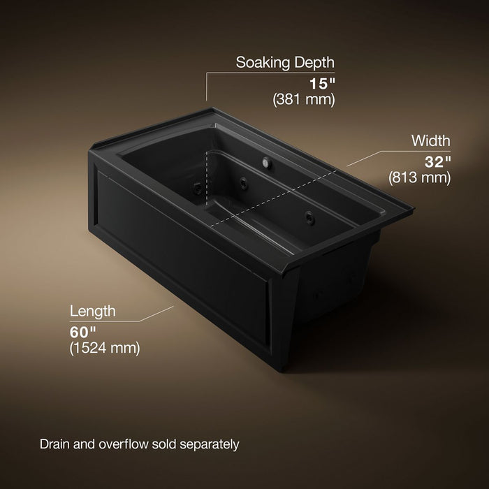 KOHLER K-1122-RAW Archer 60" x 32" alcove whirlpool bath with Bask heated surface, right drain