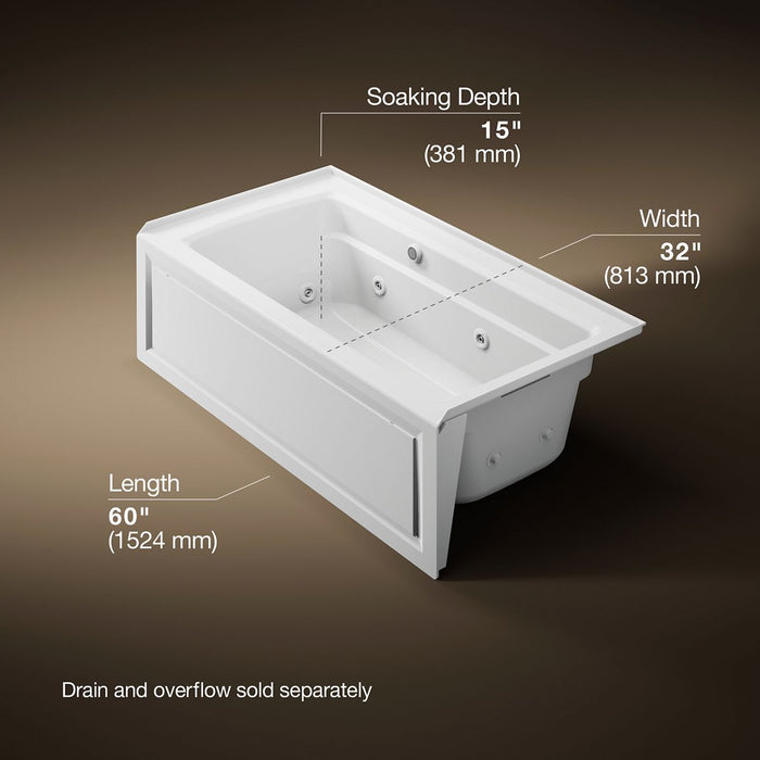 KOHLER K-1122-RAW Archer 60" x 32" alcove whirlpool bath with Bask heated surface, right drain