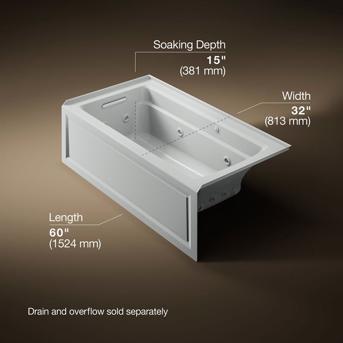 KOHLER K-1122-XGHLA Archer 60" x 32" alcove Heated BubbleMassage air bath and whirlpool, left drain, ice grey - view 5