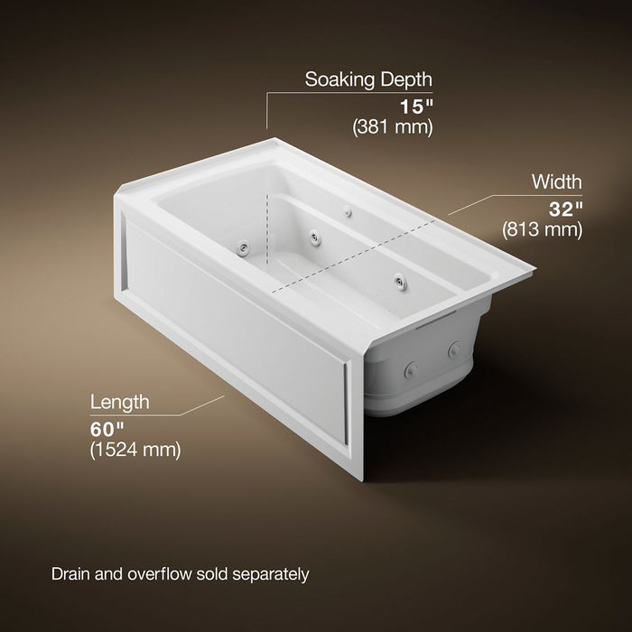 KOHLER K-1122-XGHRA Archer 60" x 32" alcove Heated BubbleMassage air bath and whirlpool, right drain