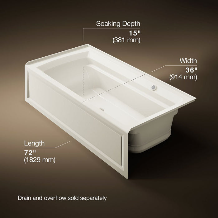 KOHLER K-1124-GHRAW Archer 72" x 36" alcove Heated BubbleMassage air bath with Bask heated surface, right drain