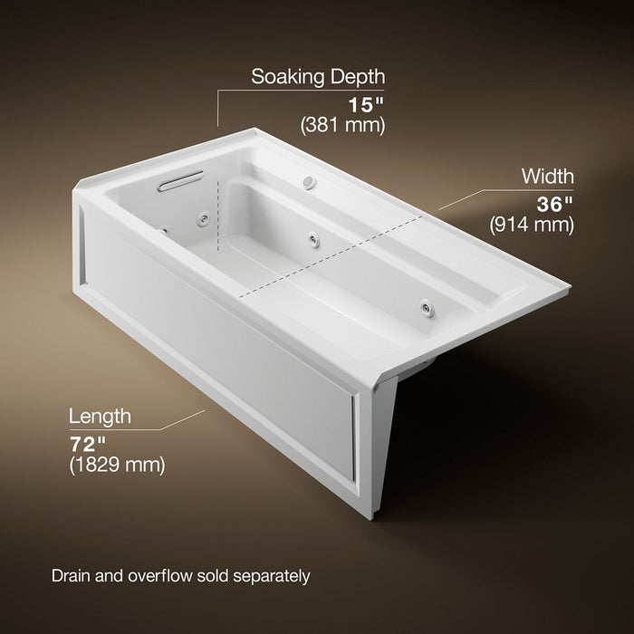 KOHLER K-1124-LAW Archer 72" x 36" alcove whirlpool bath with Bask heated surface, left drain