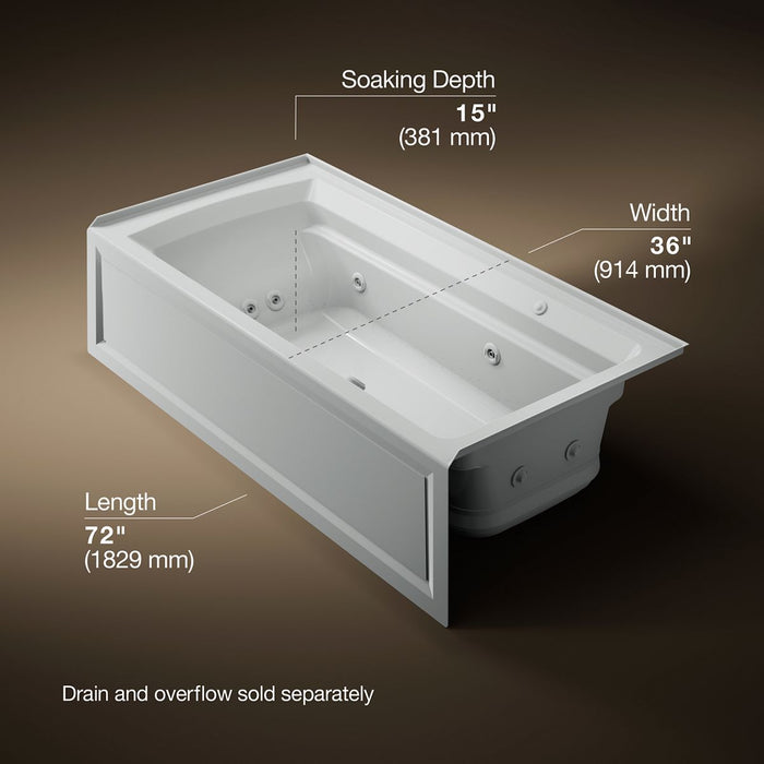 KOHLER K-1124-XGHRA Archer 72" x 36" alcove Heated BubbleMassage air bath and whirlpool, right drain