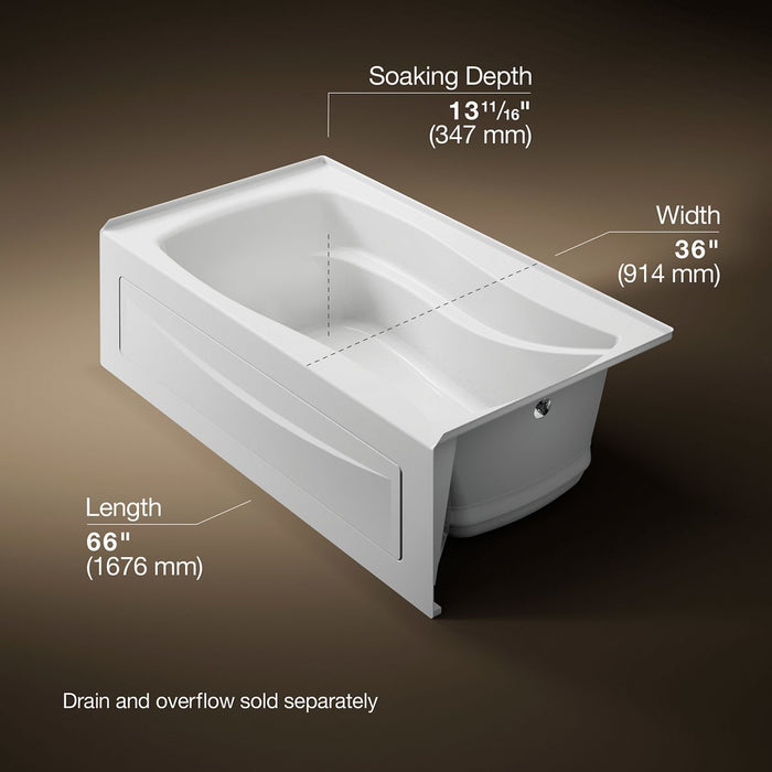 KOHLER K-1224-GHRA Mariposa 66" x 36" alcove Heated BubbleMassage air bath, right drain, white - view 4
