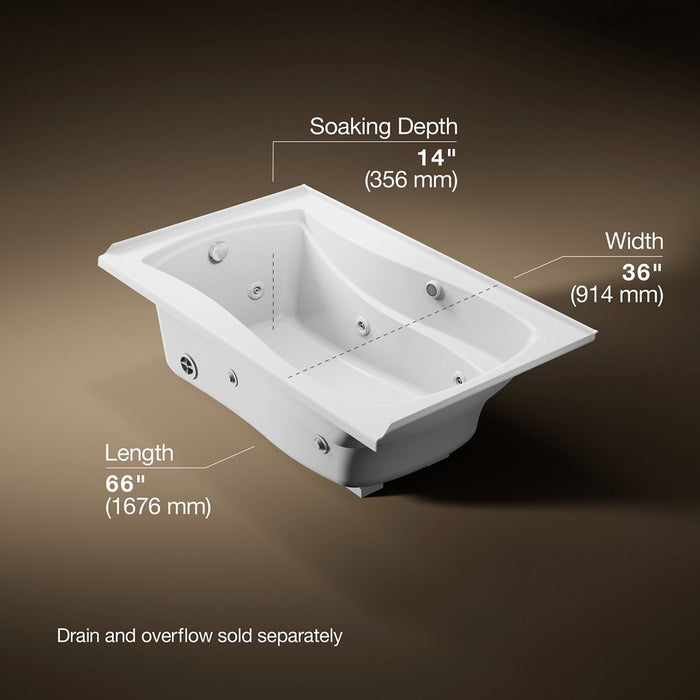 KOHLER K-1239-LW Mariposa 60" x 36" alcove whirlpool bath with Bask heated surface, left drain