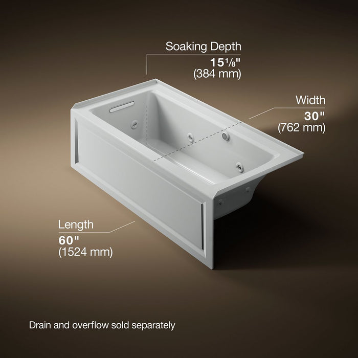 KOHLER K-1947-LAW Archer 60" x 30" alcove whirlpool bath with Bask heated surface, left drain