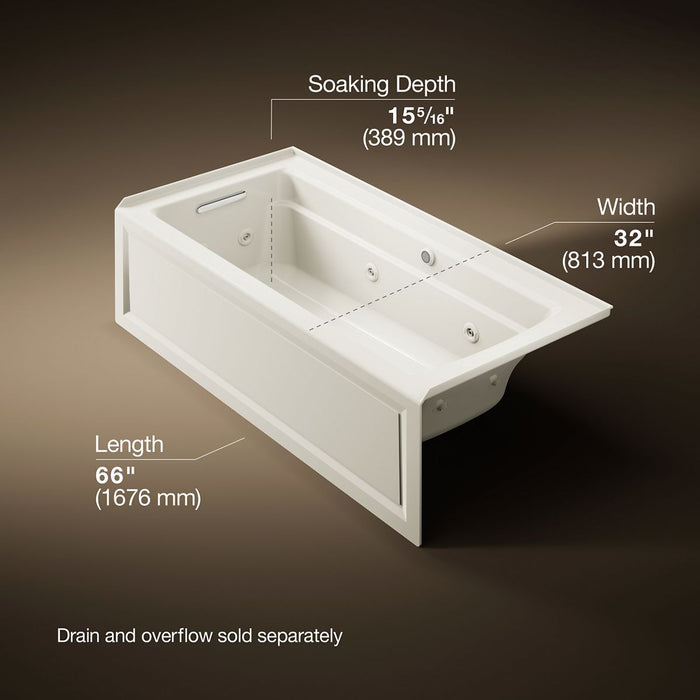 KOHLER K-1949-LAW Archer 66" x 32" alcove whirlpool bath with Bask heated surface, left drain