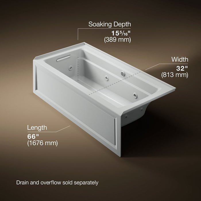 KOHLER K-1949-LAW Archer 66" x 32" alcove whirlpool bath with Bask heated surface, left drain
