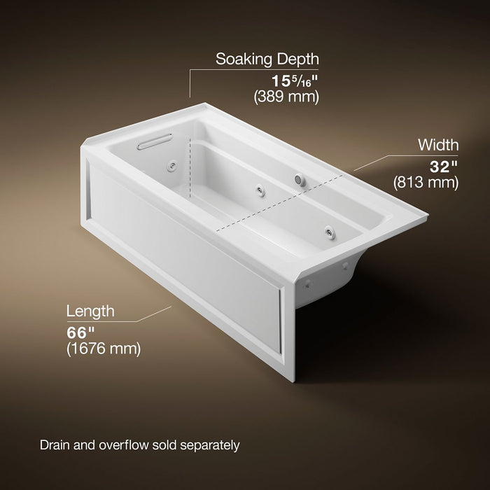 KOHLER K-1949-LAW Archer 66" x 32" alcove whirlpool bath with Bask heated surface, left drain