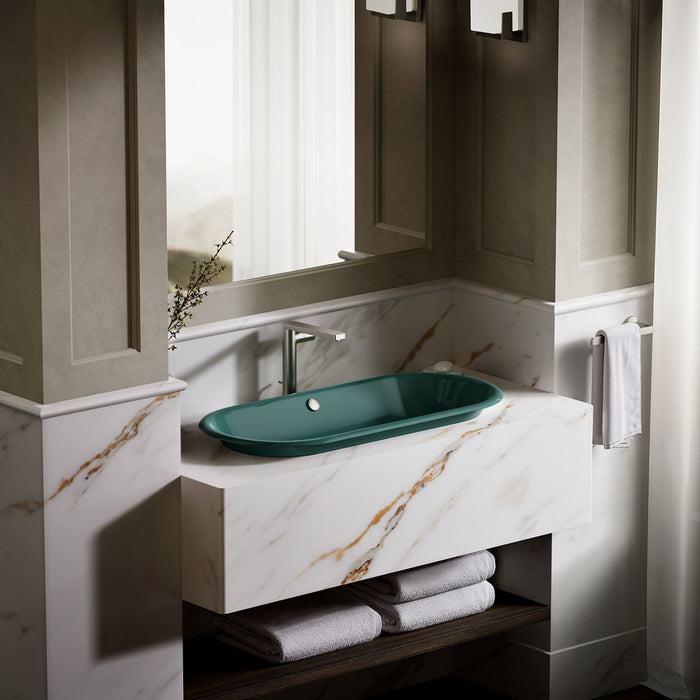 KOHLER K-20213-PAT Iron Plains 33" oval drop-in / undermount / vessel bathroom sink, teal exterior with teal interior -...