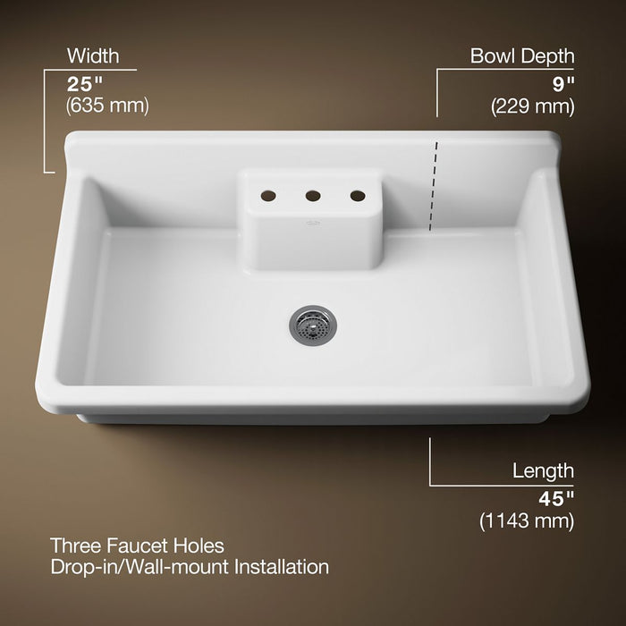 KOHLER K-21103-3HW Farmstead 45" top-/wall-mount single-bowl workstation farmhouse kitchen sink