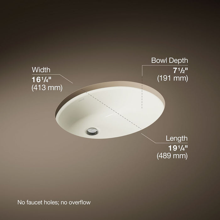 KOHLER K-2210-G Caxton 19-1/4" oval undermount bathroom sink with glazed underside, no overflow