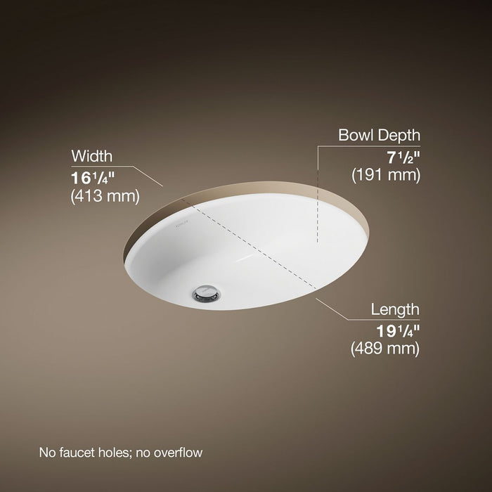 KOHLER K-2210-G Caxton 19-1/4" oval undermount bathroom sink with glazed underside, no overflow