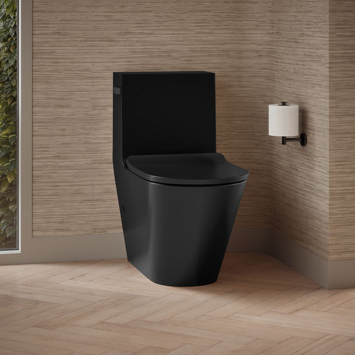 KOHLER K-22378-TBH Brazn One-piece Compact Elongated Toilet with Skirted Trapway, Dual-flush, Honed Black - image focused on 