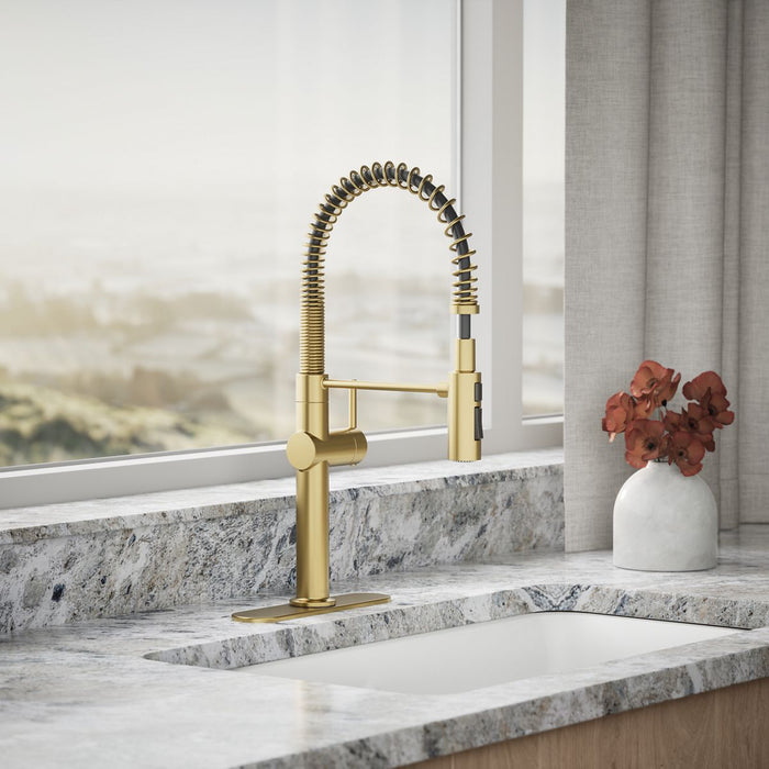 KOHLER K-22973 Crue Semi-professional kitchen sink faucet with three-function sprayhead, vibrant brushed moderne brass -...