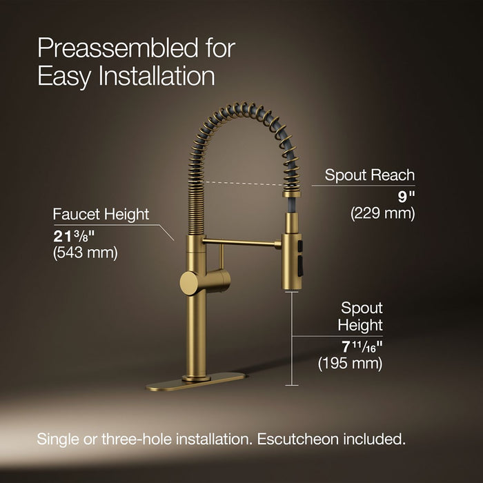 KOHLER K-22973 Crue Semi-professional kitchen sink faucet with three-function sprayhead, vibrant brushed moderne brass -...