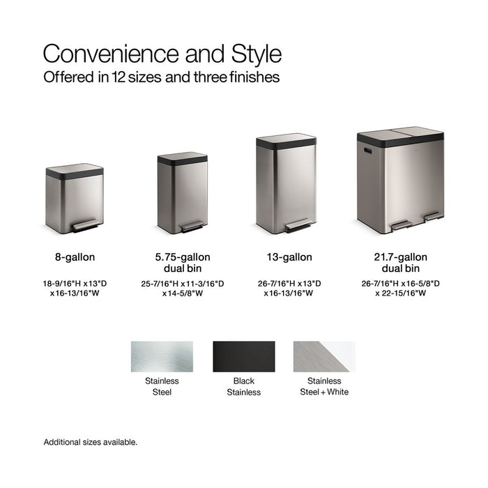 KOHLER K-23826 13-gallon stainless steel slim step trash can with bifold lid