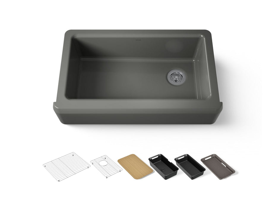 KOHLER K-24564-PC Riverby 35-3/4" undermount single-bowl farmhouse workstation kitchen sink, thunder grey