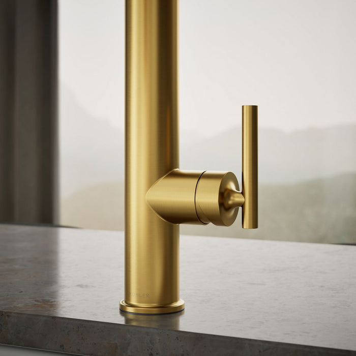 KOHLER K-24982 Purist Semi-professional kitchen sink faucet with three-function sprayhead, vibrant brushed moderne brass...