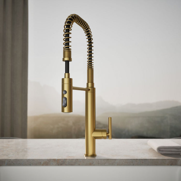 KOHLER K-24982 Purist Semi-professional kitchen sink faucet with three-function sprayhead, vibrant brushed moderne brass...