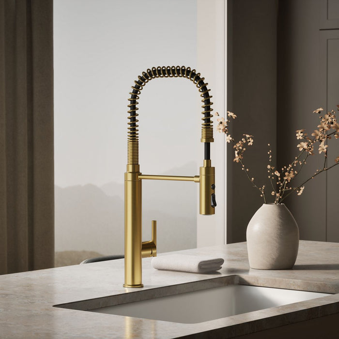 KOHLER K-24982 Purist Semi-professional kitchen sink faucet with three-function sprayhead, vibrant brushed moderne brass...
