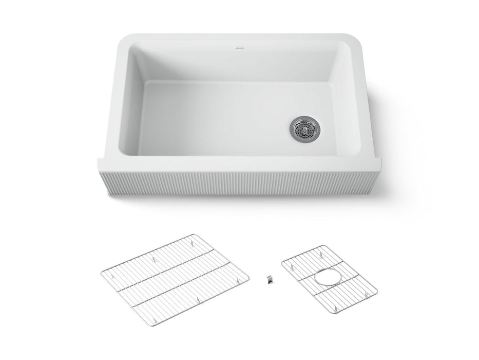 KOHLER K-25788 Cairn 34" undermount single-bowl farmhouse kitchen sink with fluted design