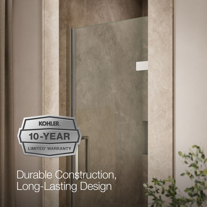 KOHLER K-27576-10L Composed Frameless pivot shower door, 71-5/8" H x 27-5/8 - 28-3/8" W, with 3/8" thick Crystal Clear glass