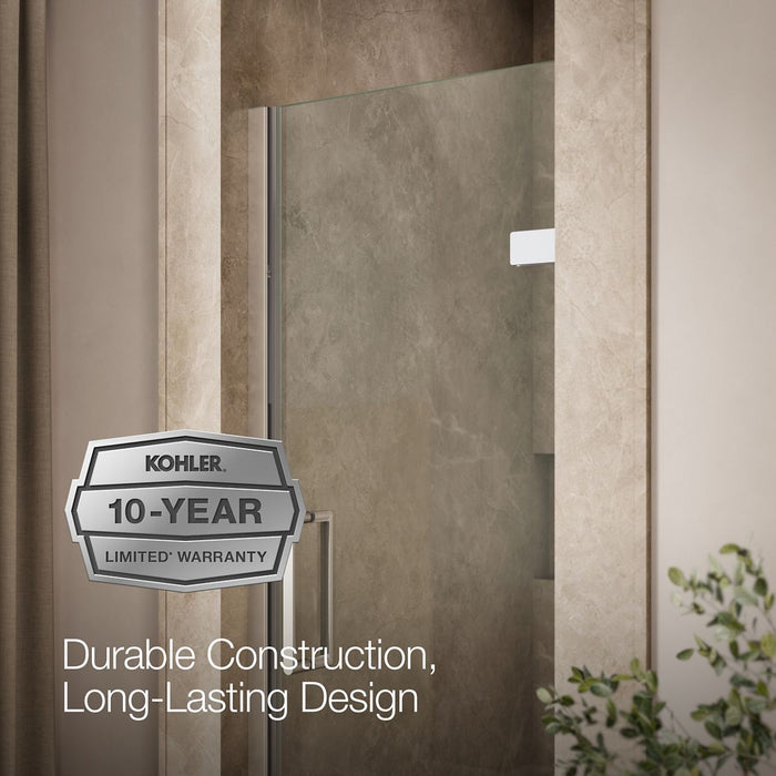 KOHLER K-27576-10L Composed Frameless pivot shower door, 71-5/8" H x 27-5/8 - 28-3/8" W, with 3/8" thick Crystal Clear glass