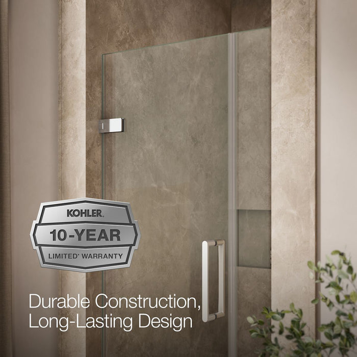 KOHLER K-27588-10L Composed Frameless pivot shower door, 71-9/16" H x 33-5/8 - 34-3/8" W, with 3/8" thick Crystal Clear glass