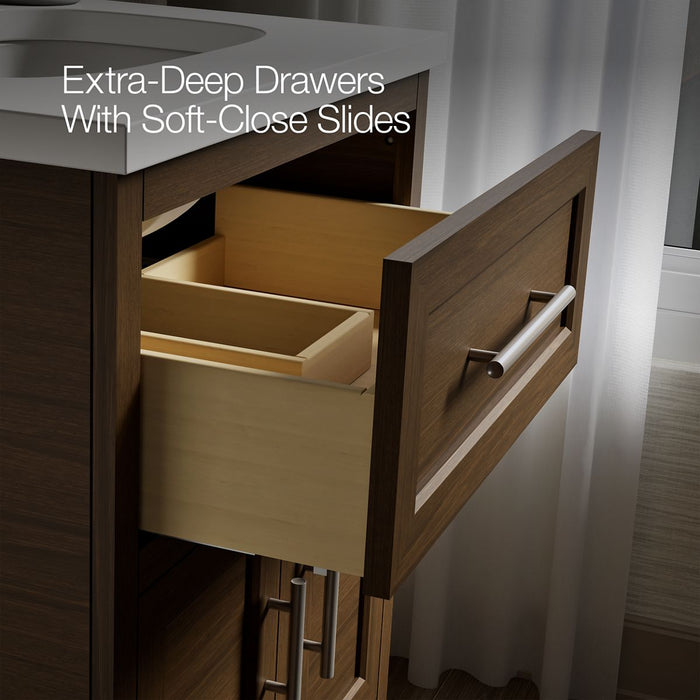 KOHLER K-28379-ASB Quo 24" Bathroom Vanity Cabinet with Sink and Quartz Top, Draper Oak - Shows close up detail of product in