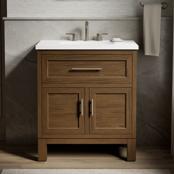 KOHLER K-28380-ASB Quo 30" Bathroom Vanity Cabinet with Sink and Quartz Top, Draper Oak - Shows close up detail of product in