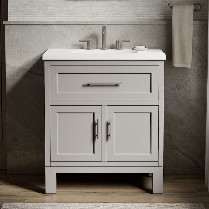 KOHLER K-28380-ASB Quo 30" Bathroom Vanity Cabinet with Sink and Quartz Top, Mohair Grey - Shows close up detail of product i