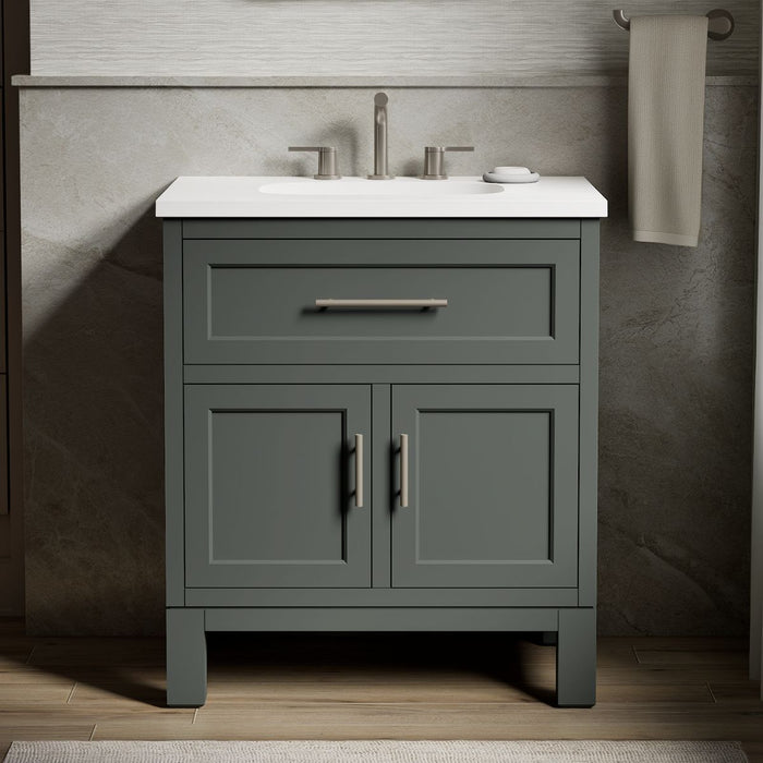 KOHLER K-28380-ASB Quo 30" Bathroom Vanity Cabinet with Sink and Quartz Top, Umbral Green - Shows close up detail of product 