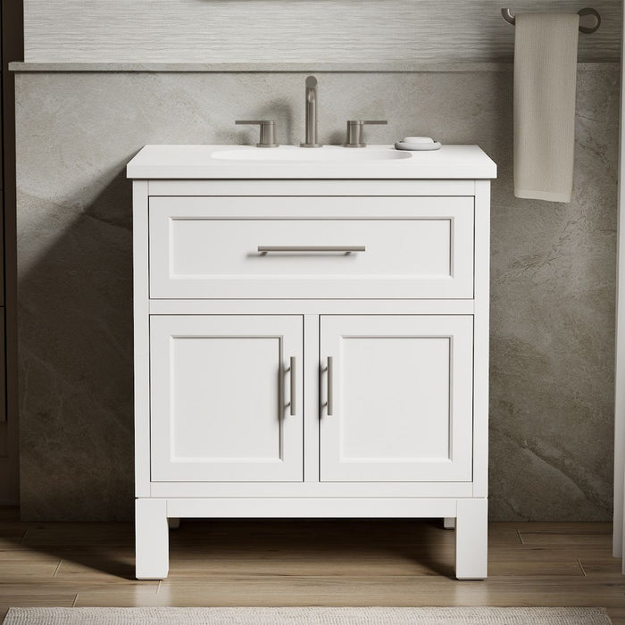 KOHLER K-28380-ASB Quo 30" Bathroom Vanity Cabinet with Sink and Quartz Top, White - Shows close up detail of product in room