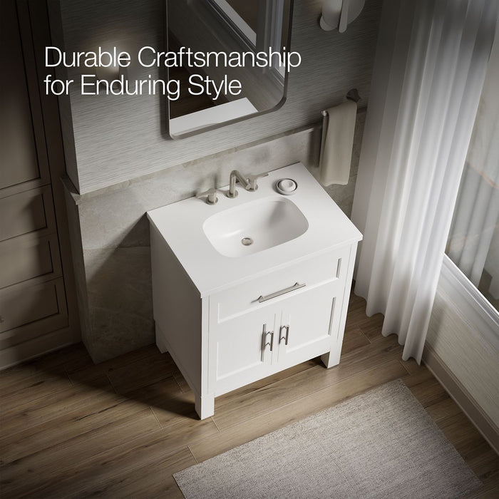 KOHLER K-28380-ASB Quo 30" Bathroom Vanity Cabinet with Sink and Quartz Top, White - image focused on single product story