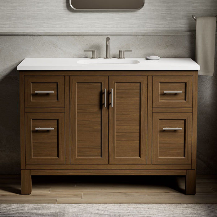KOHLER K-28383-ASB Quo 48" Bathroom Vanity Cabinet with Sink and Quartz Top, Draper Oak - Shows close up detail of product in
