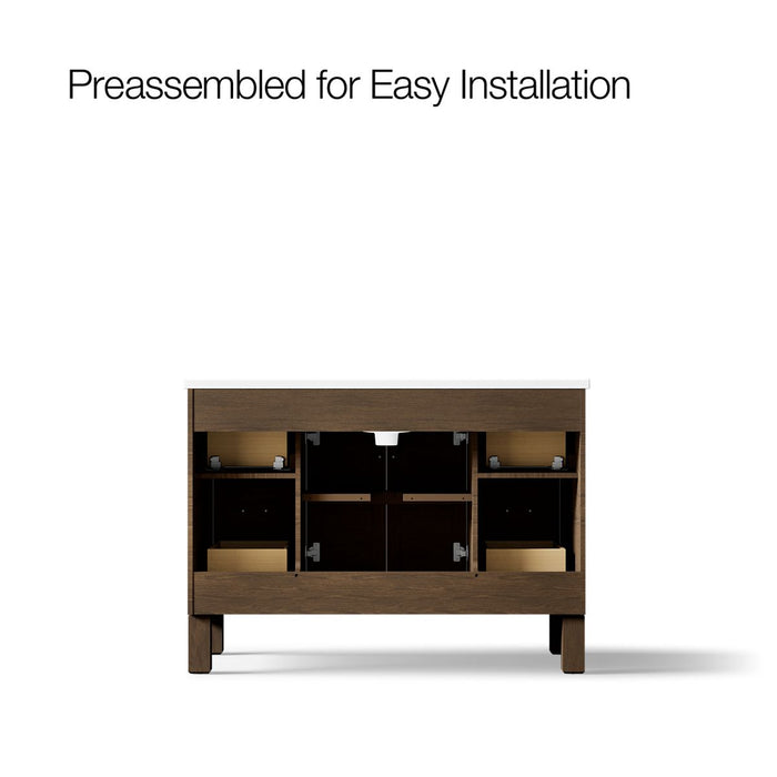 KOHLER K-28383-ASB Quo 48" Bathroom Vanity Cabinet with Sink and Quartz Top, Draper Oak - back view of product